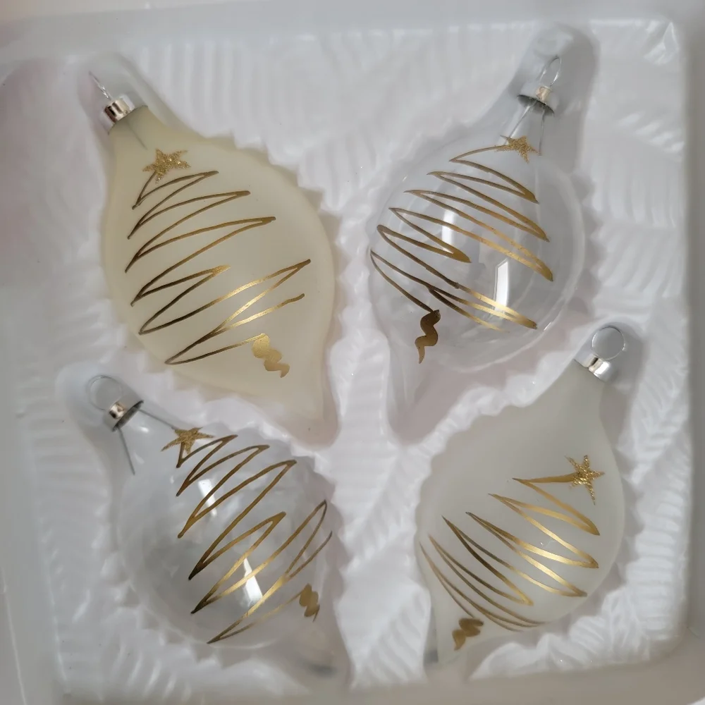 Set Of 3 Vintage Glass Christmas Tree Ornaments 12 Total Hand Painted Gold